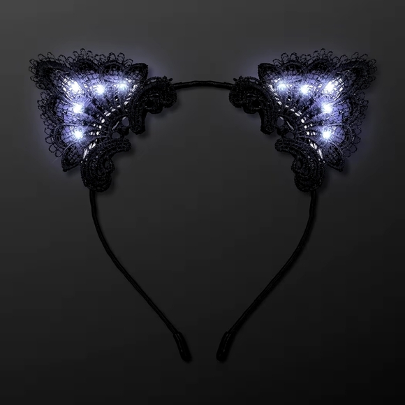 Nip Led Blue Grey Light Cat Lace Mesh Ear Black Headband New Years New Ears - Picture 2 of 8